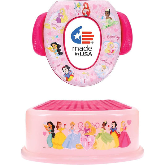 Disney Princess toddler potty training set front view featuring pink cushioned seat and step stool