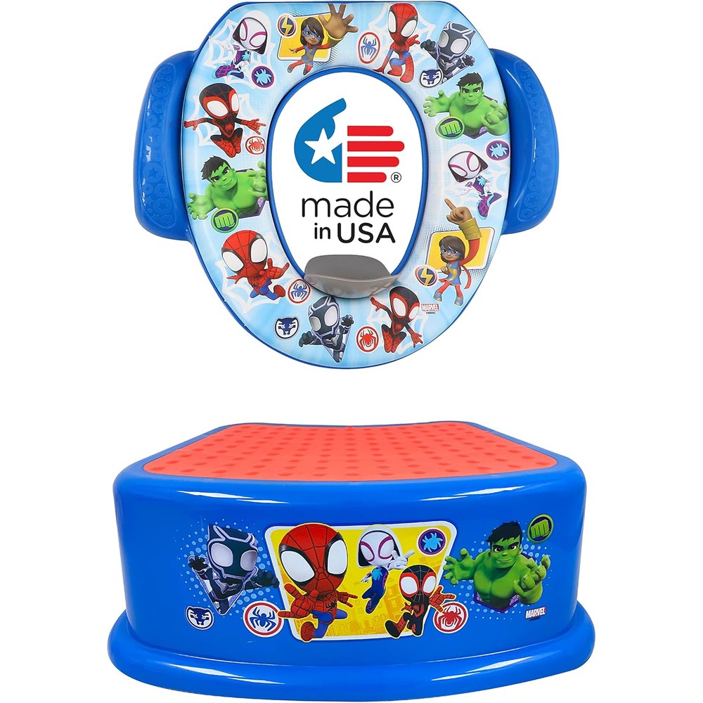 Ginsey Spidey and His Amazing Friends two piece potty training set front view featuring the soft potty seat and matching step stool