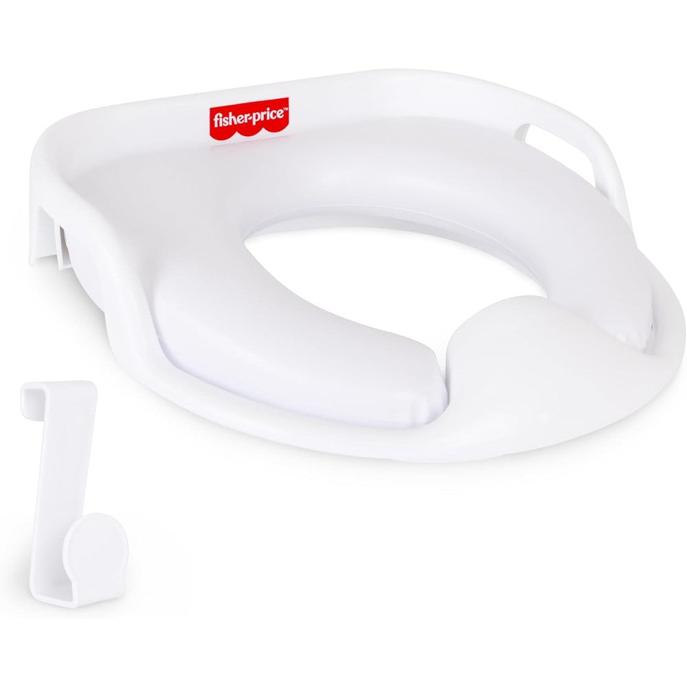 Fisher-Price Ready And Steady Potty Seat Deluxe in front view showing white padded cushion
