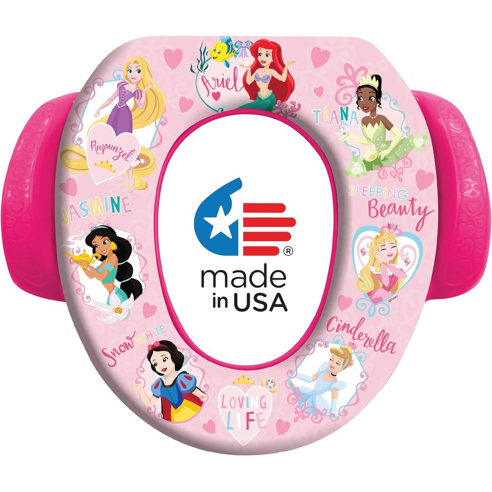 Disney Princess Loving Life soft potty training seat front view featuring pink princess graphics