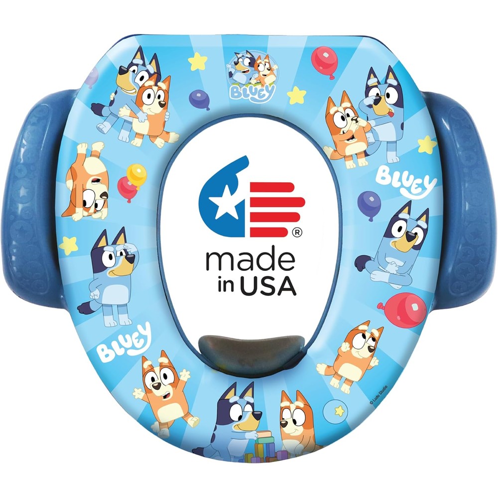 Ginsey Bluey Soft Potty Seat front view showcasing the cushioned character design and blue easy-grip side handles.