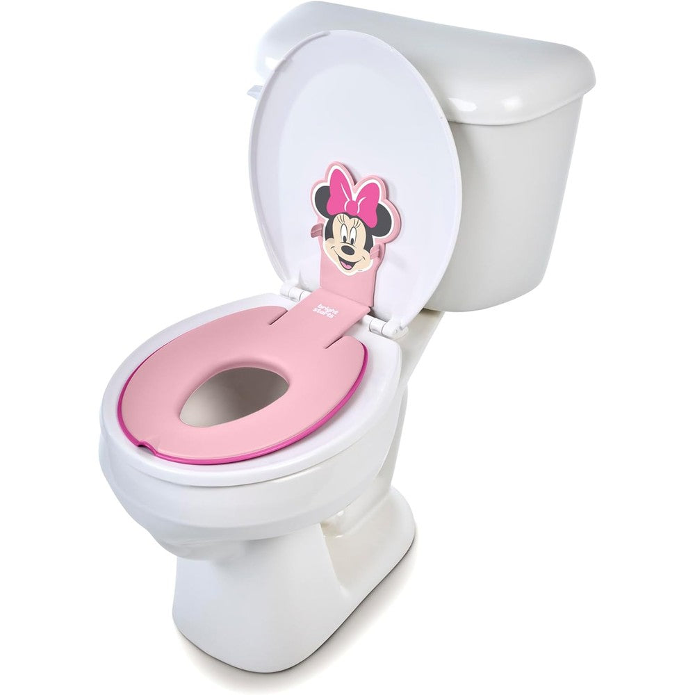 Bright Starts Disney Minnie Mouse Flip and Sit potty training seat front view attached to toilet