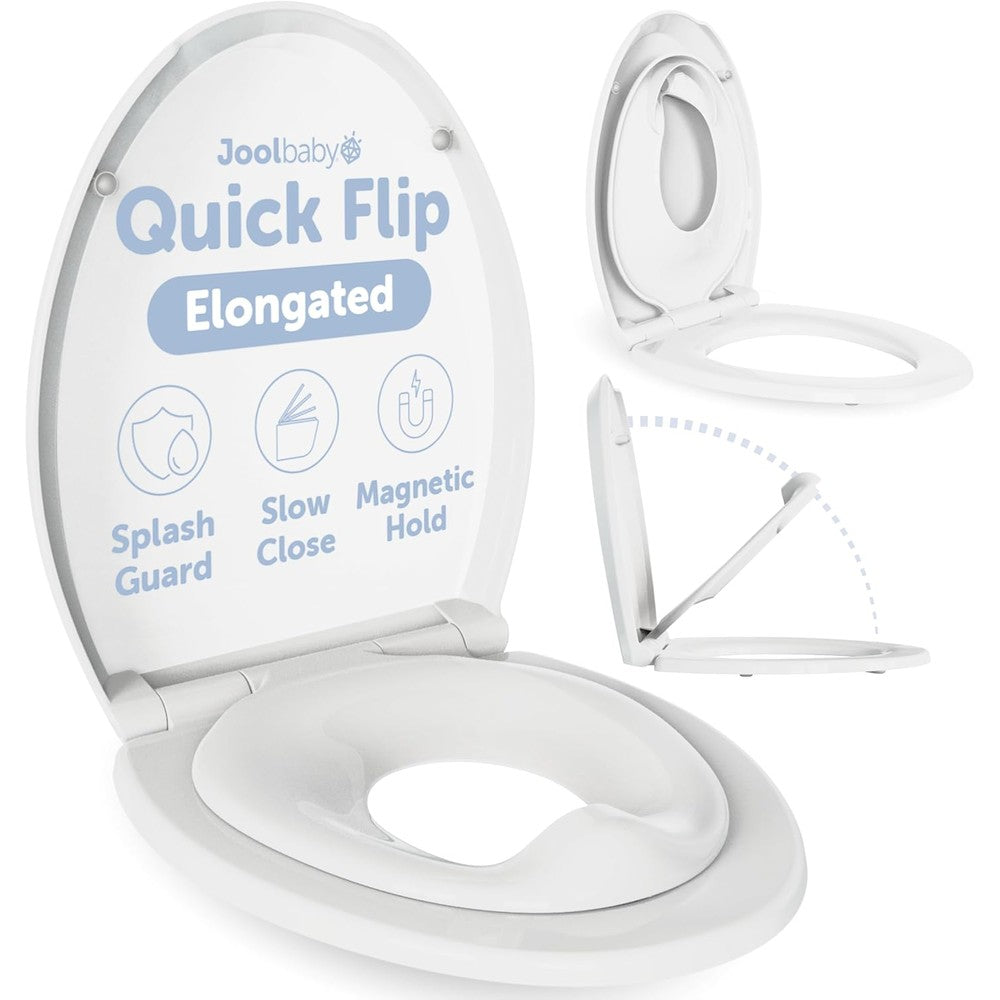 Jool Baby Products Flip n Sit elongated toilet seat front view installed in bathroom