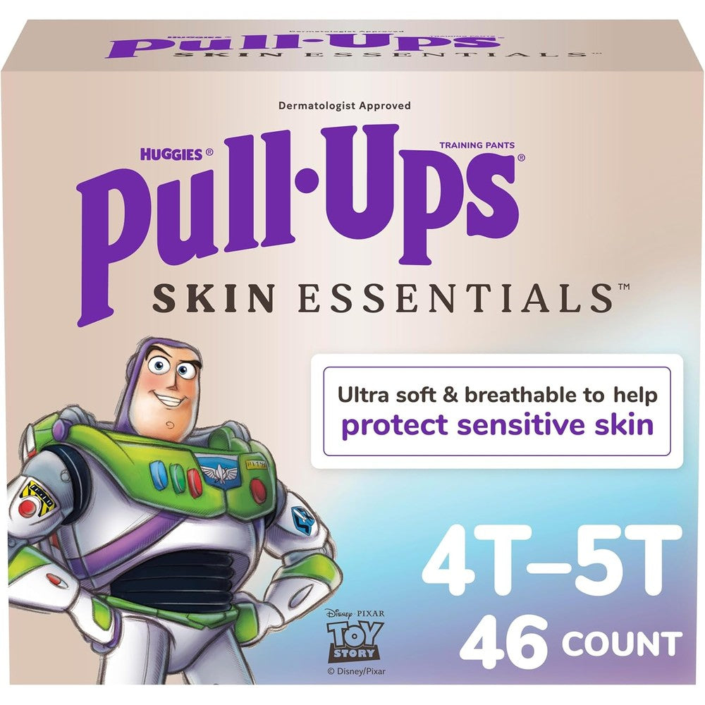 Pull-Ups Boys Skin Essentials Potty Training Pants front view packaging showing design for sensitive skin.
