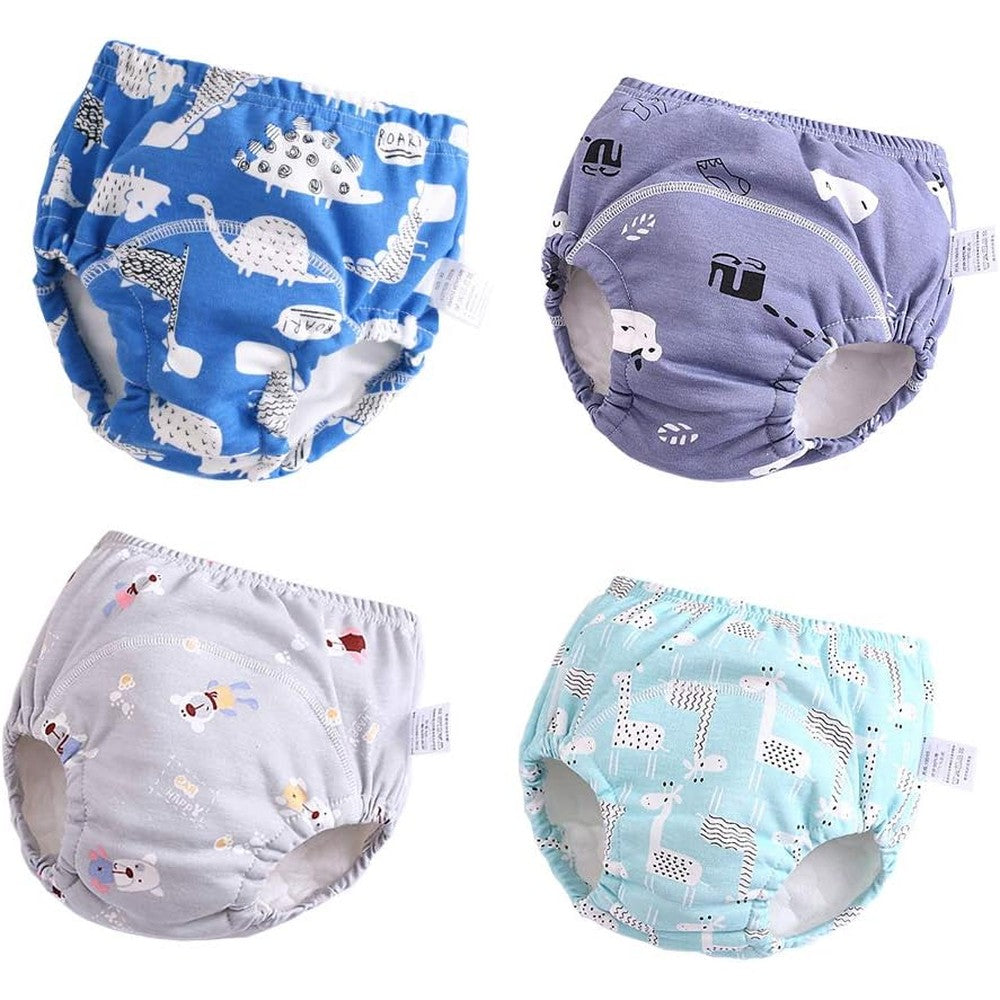 U0U toddler potty training pants front view pack of four blue cartoon designs.