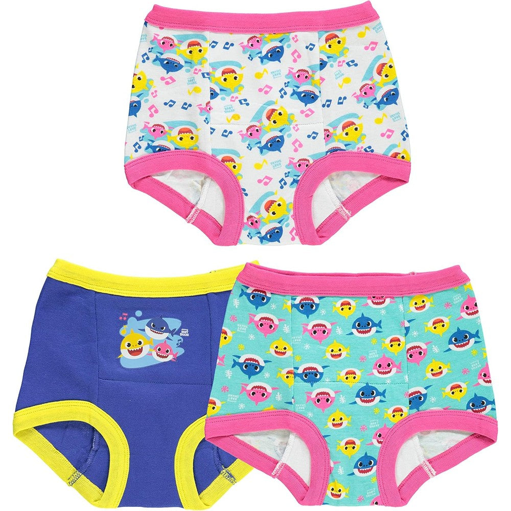 Baby Shark toddler potty training pants multipack front view showing colorful cartoon prints.