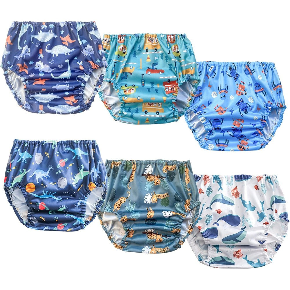 BISENKID waterproof rubber training pants front view showing dark blue dinosaur print pack of six