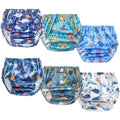 BISENKID waterproof rubber training pants front view showing dark blue dinosaur print pack of six