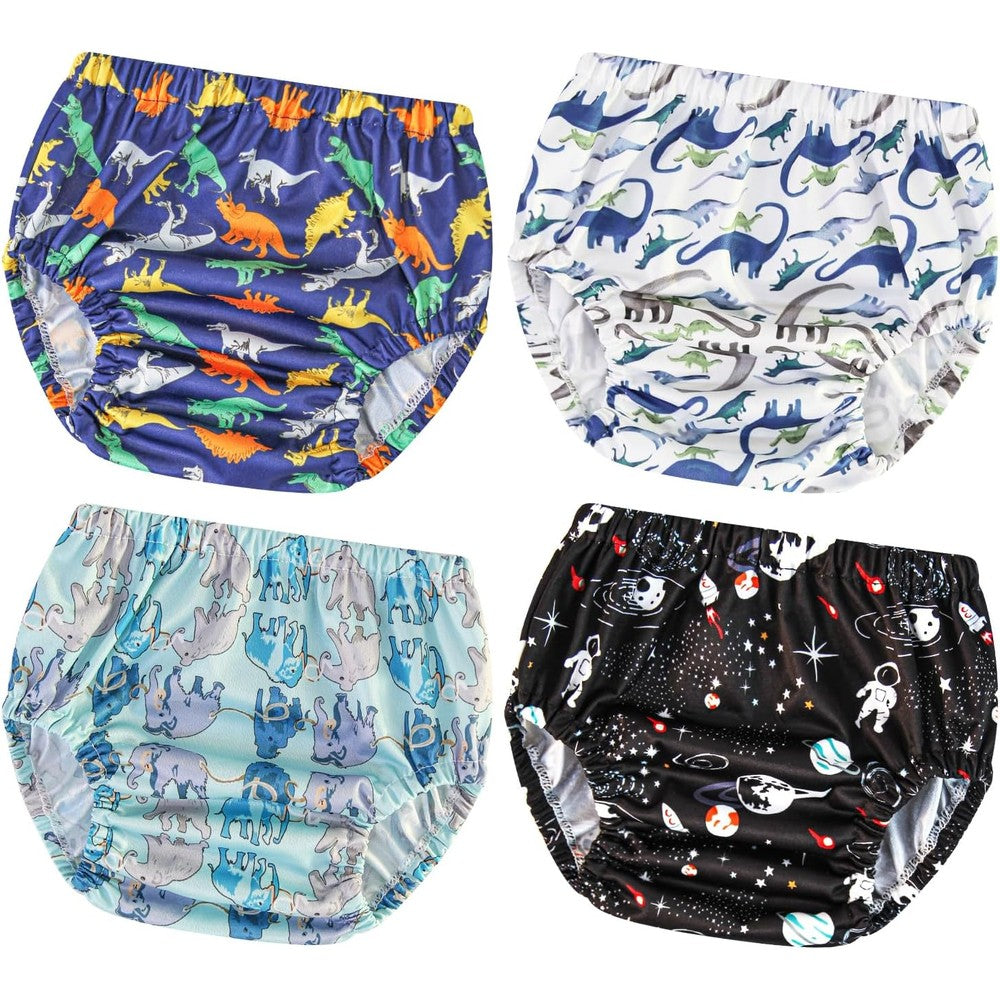 Joyo Roy four piece plastic underwear for potty training front view showing colorful boy prints.