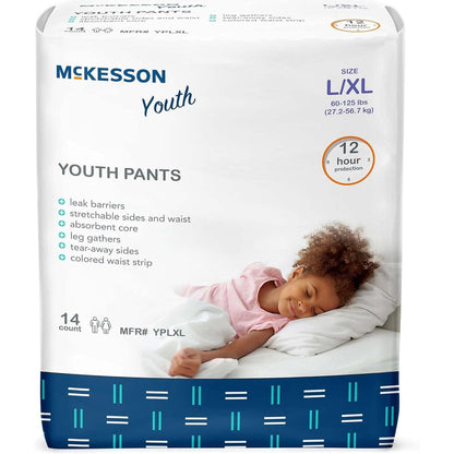 McKesson Youth Training Pants front view of packaging showcasing overnight disposable pull up diapers.