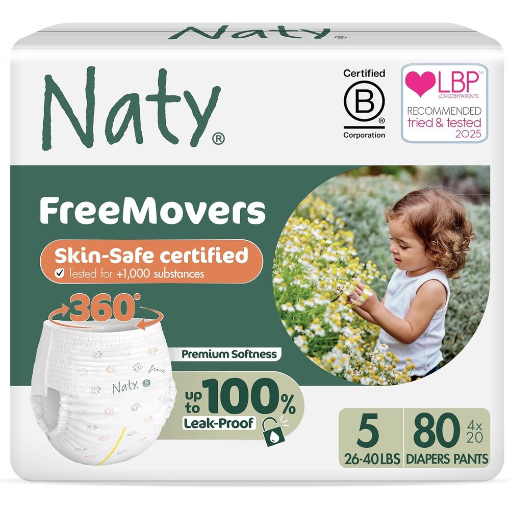 Naty FreeMovers Diaper Pants front view packaging showcasing organic premium materials for active toddlers.