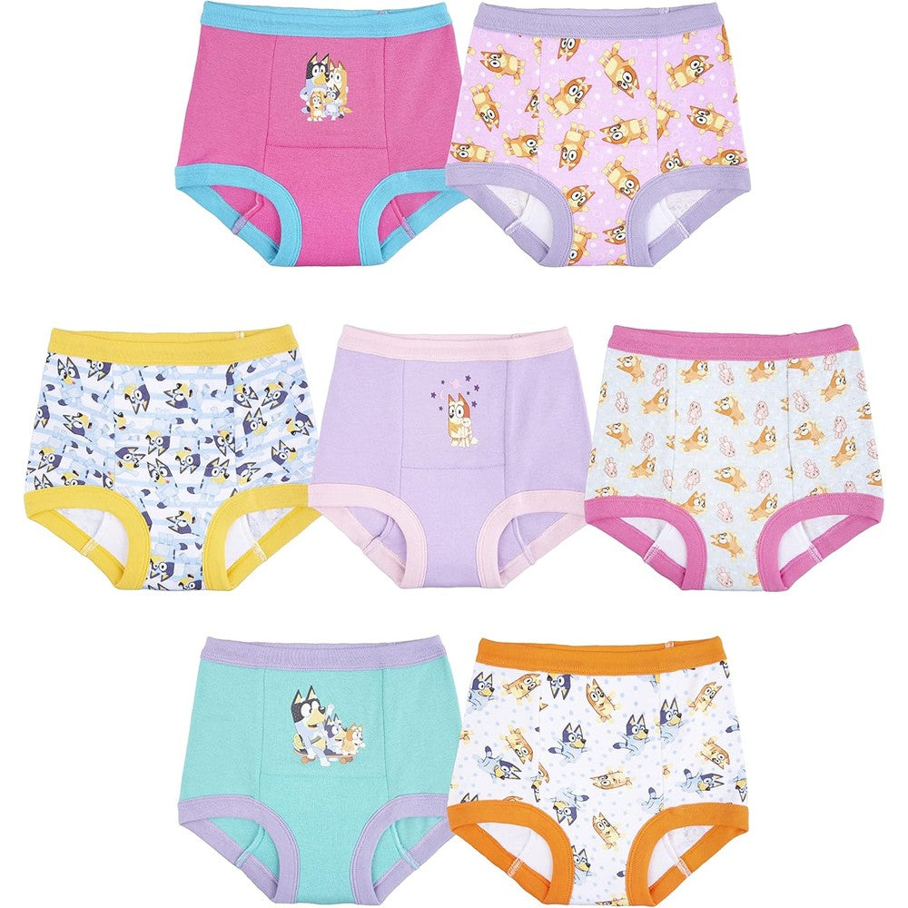Bluey unisex potty training pants seven pack front view showing toddler character prints