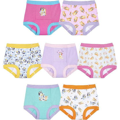 Bluey unisex potty training pants seven pack front view showing toddler character prints