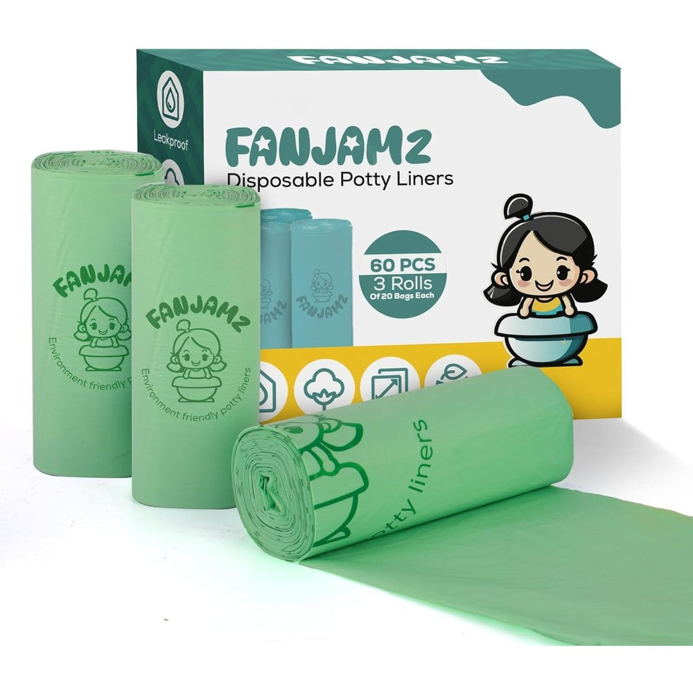 Fanjamz 60 count potty liners for toddlers and pets front packaging view