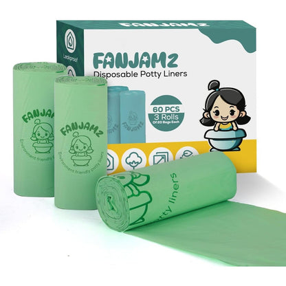 Fanjamz 60 count potty liners for toddlers and pets front packaging view
