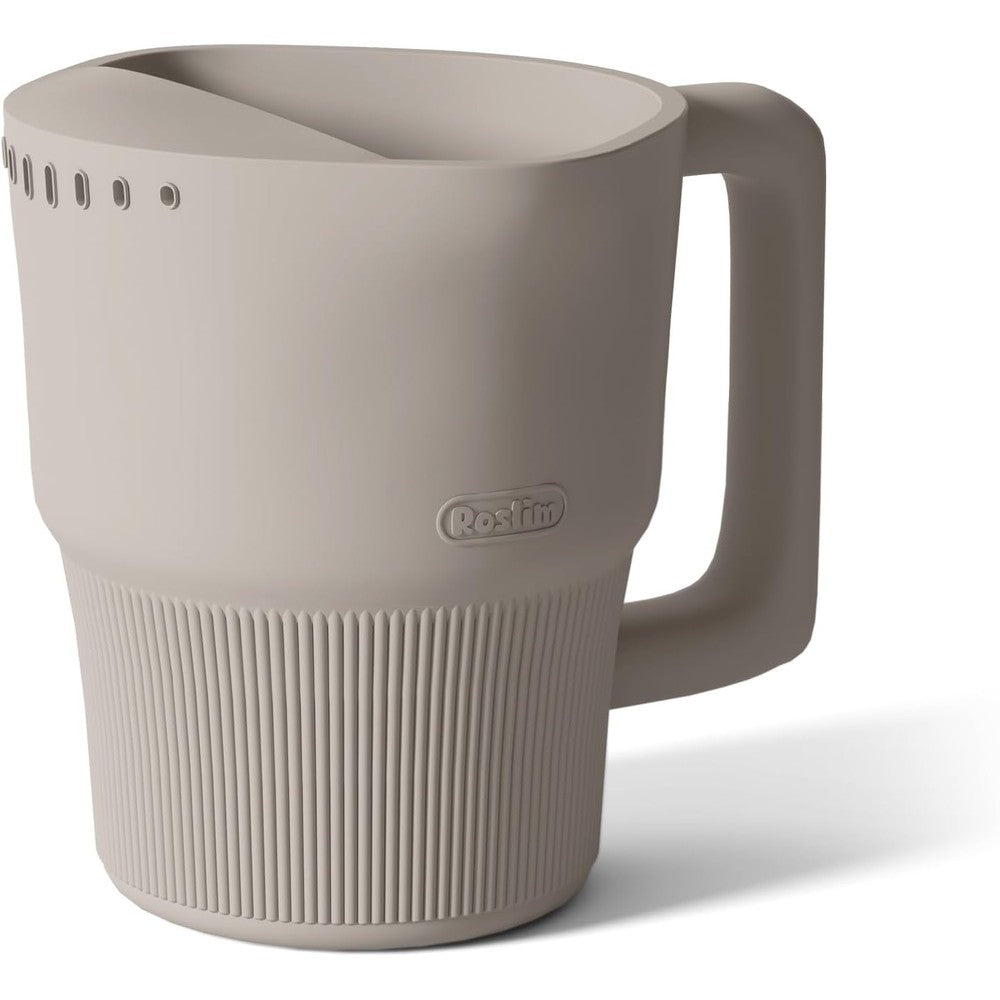 Roslim silicone baby bath rinse cup in taupe color front view for tear-free hair washing.