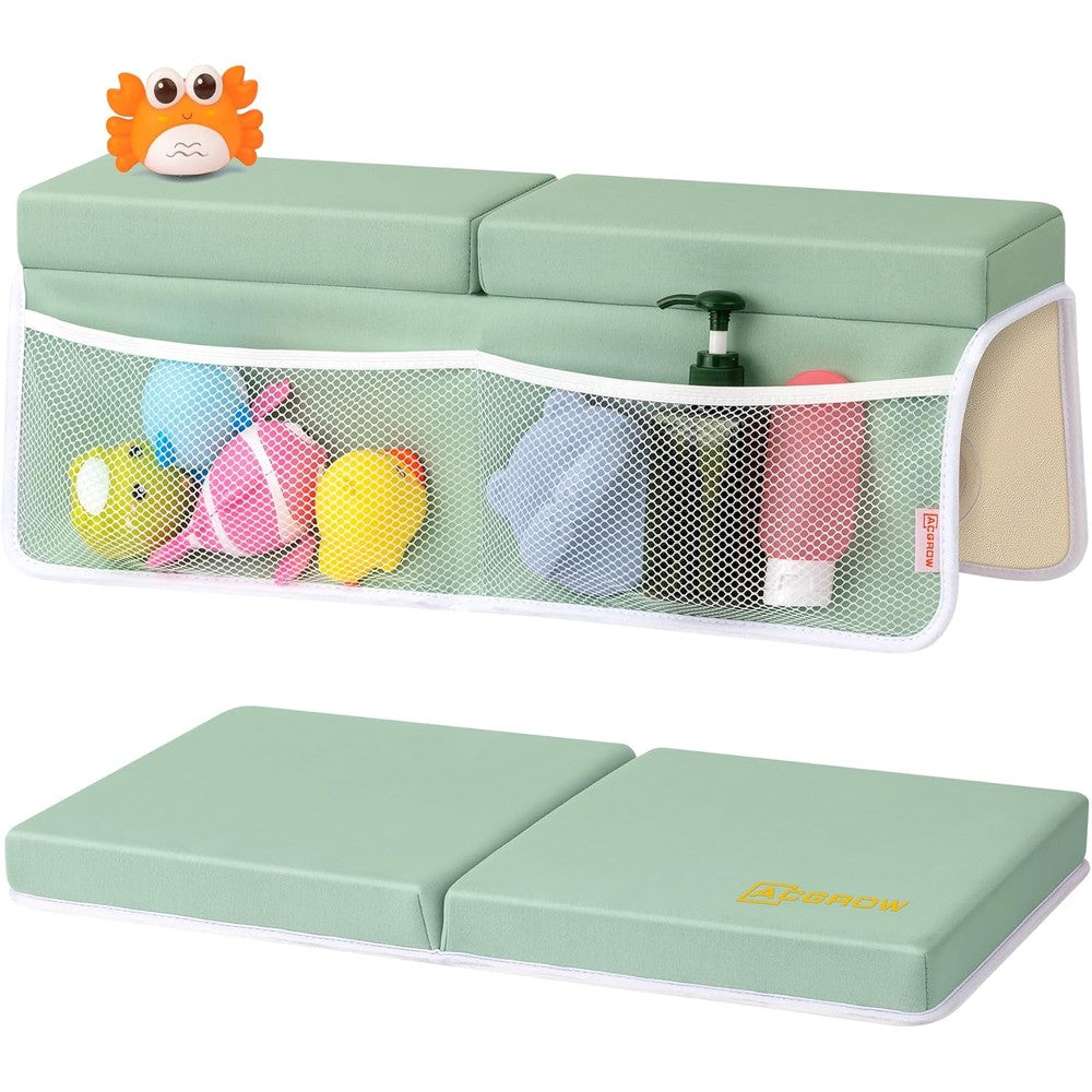 Beiens baby bath kneeler and elbow rest pad set front view showing light green cushioned mat and attached storage pockets.