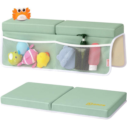 Beiens baby bath kneeler and elbow rest pad set front view showing light green cushioned mat and attached storage pockets.