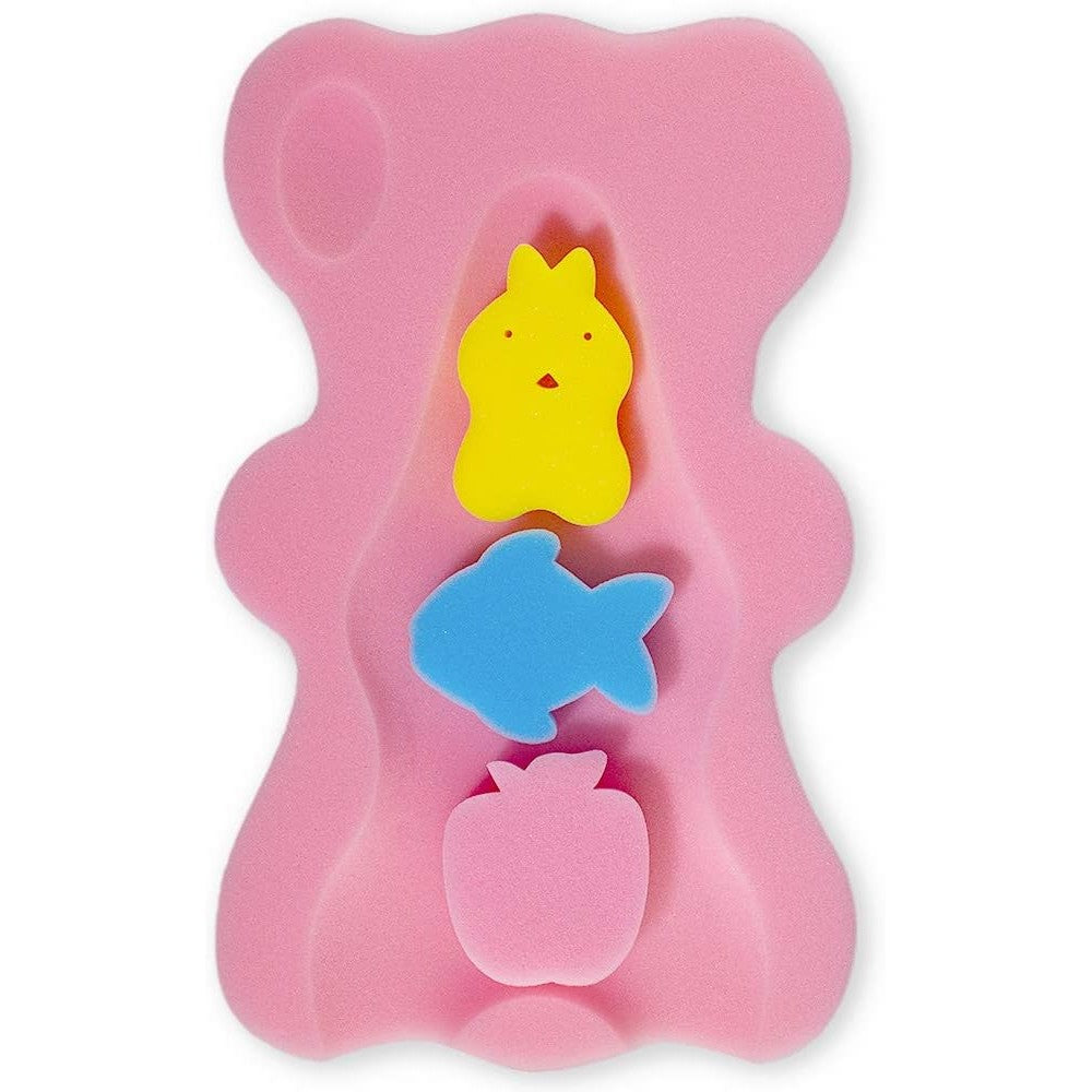Fiabc soft infant bath sponge front view showing pink bear contour