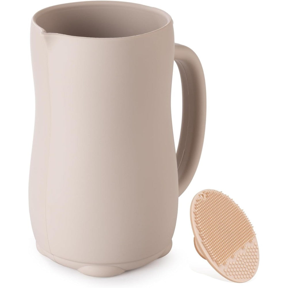 YOSEGOOTER silicone baby bath rinse cup front view in cat beige color
