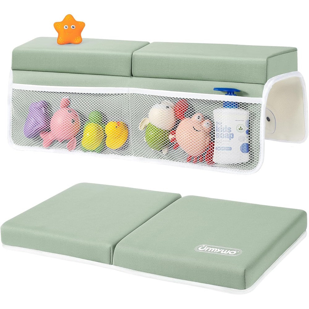 URMYWO baby bath kneeler and elbow rest pad set front view showcasing the sage green foam cushions