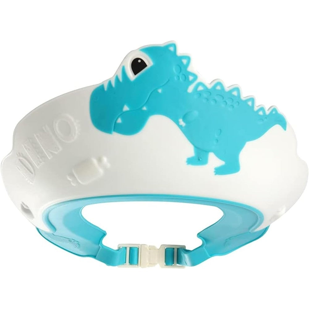 Bembika baby shower cap shield in blue dinosaur design front view