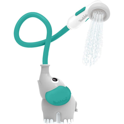 Yookidoo baby bath shower head front view of forest green elephant pump