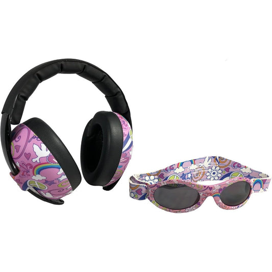 Banz baby earmuffs and sunglasses doodle pink set front view