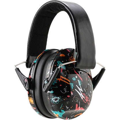 Kimitimi Kids Noise Reduction Ear Muffs Black Graffiti front view for hearing protection
