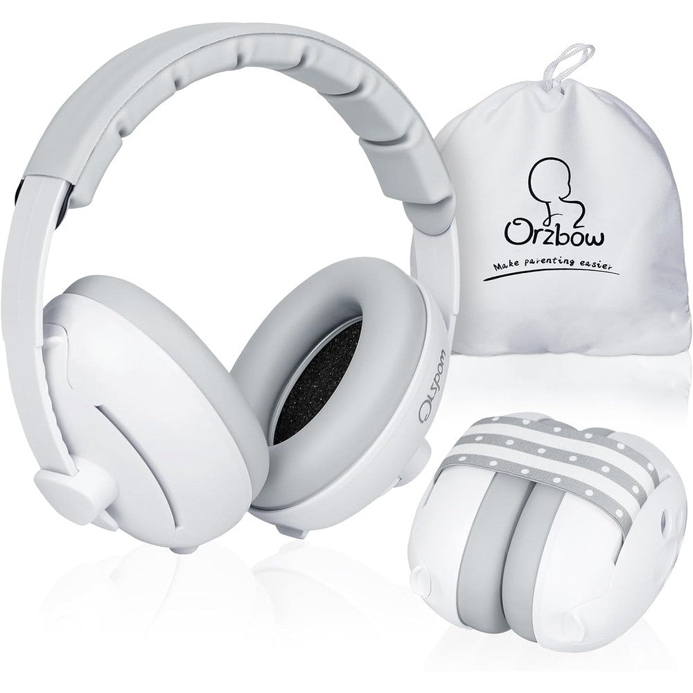 Orzbow 2-in-1 Baby Ear Muffs white front view for noise protection