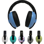 Banz baby earmuffs front view showing blue protective ear cups and black headband
