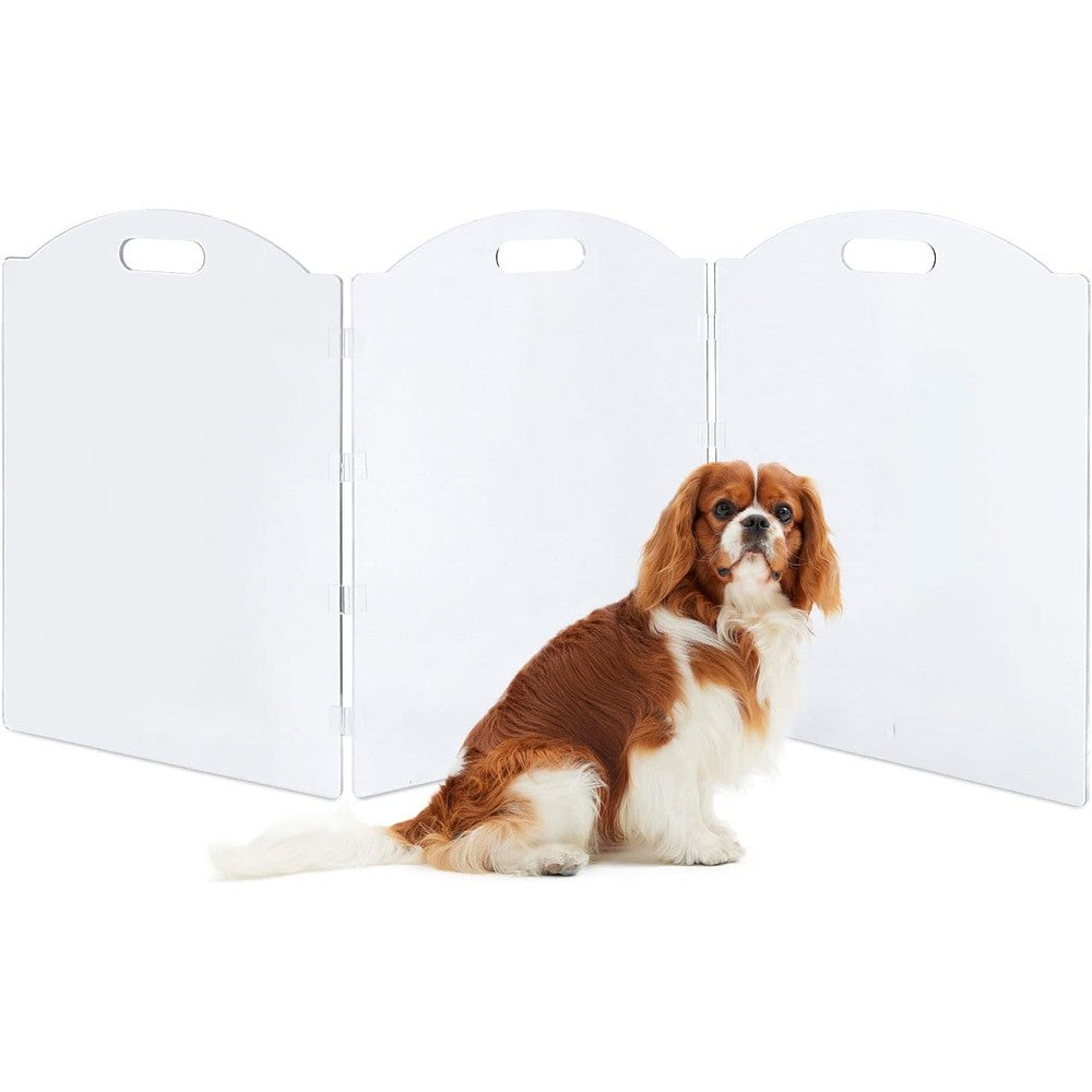 Feoyoho clear acrylic freestanding dog gate front view in a home doorway