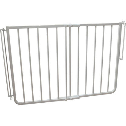 Cardinal Gates SS30 Stairway Special white safety gate installed securely at the top of a staircase front view