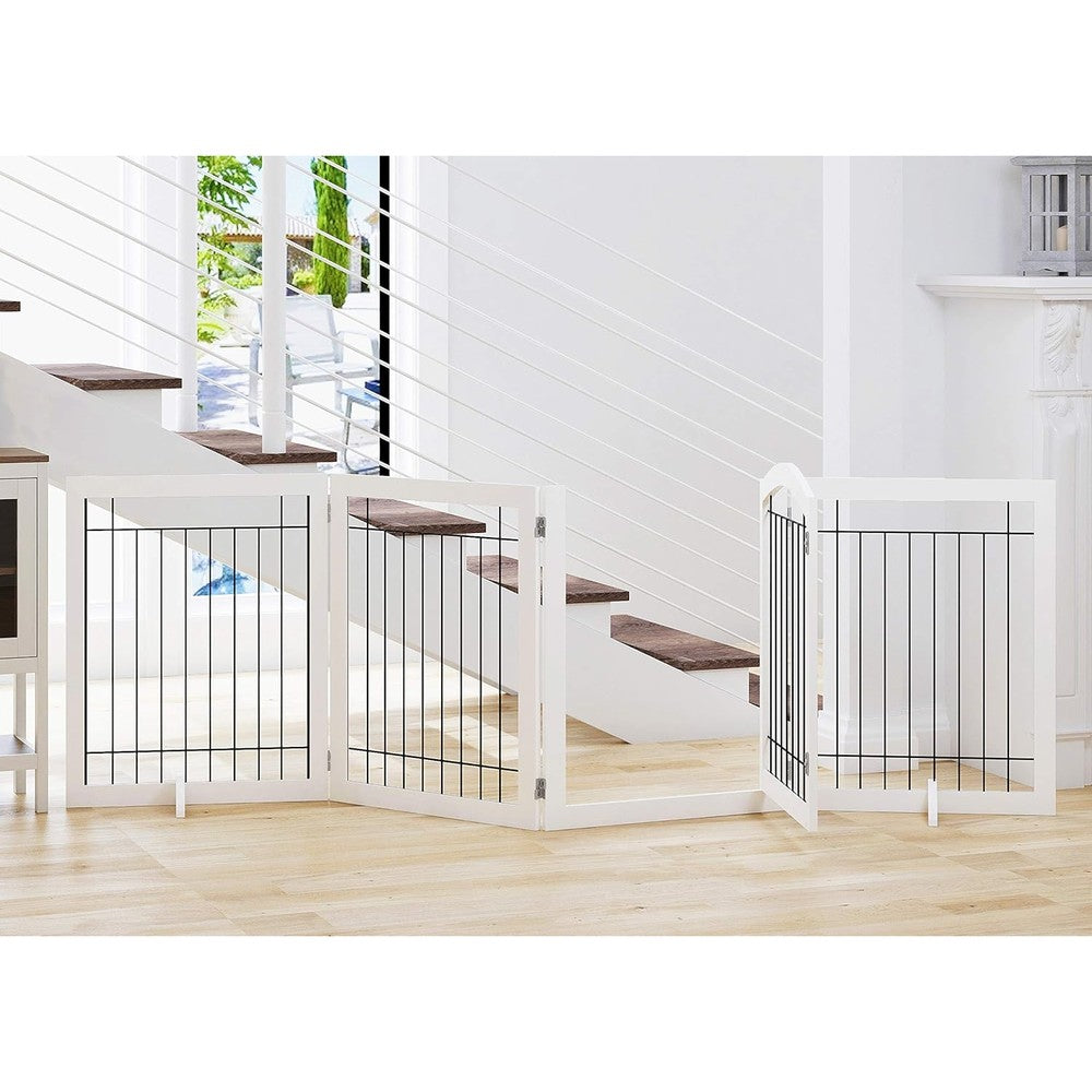 Spirich 96 inch extra wide freestanding white wooden dog gate front view in living room doorway