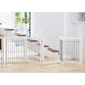 Spirich 96 inch extra wide freestanding white wooden dog gate front view in living room doorway