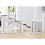 Spirich 96 inch extra wide freestanding white wooden dog gate front view in living room doorway