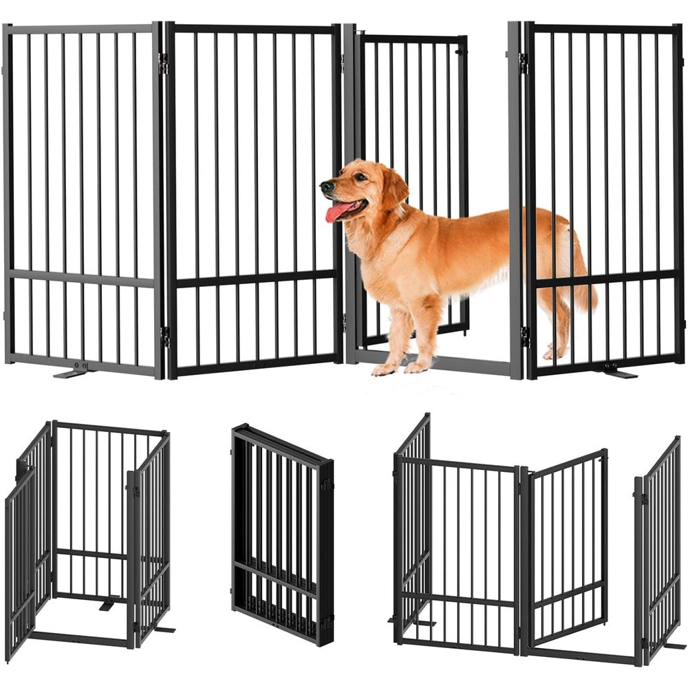 Snuowu full metal freestanding dog gate with door front view setup in a living room hallway