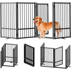 Snuowu full metal freestanding dog gate with door front view setup in a living room hallway
