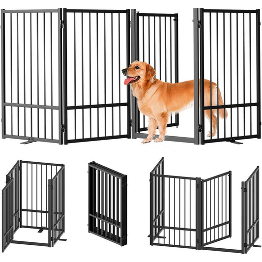 Snuowu full metal freestanding dog gate with door front view setup in a living room hallway