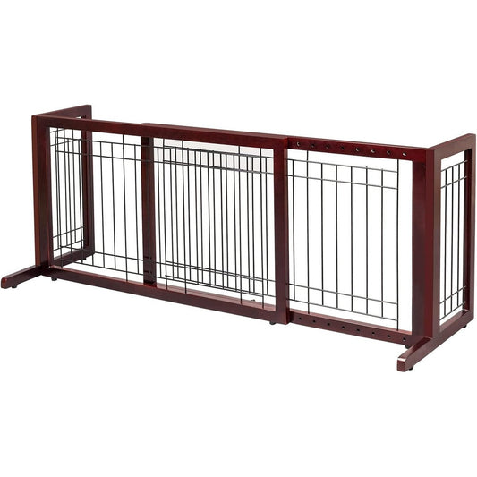 Bonnlo freestanding wood dog gate front view in cherry finish