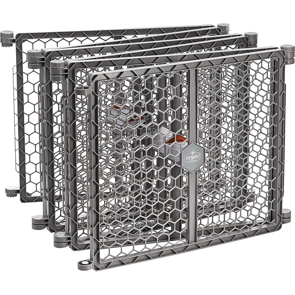 Regalo Safety Super Wide Baby Gate and Play Yard front view configured as an eight panel freestanding plastic playpen in gray.