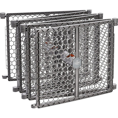 Regalo Safety Super Wide Baby Gate and Play Yard front view configured as an eight panel freestanding plastic playpen in gray.