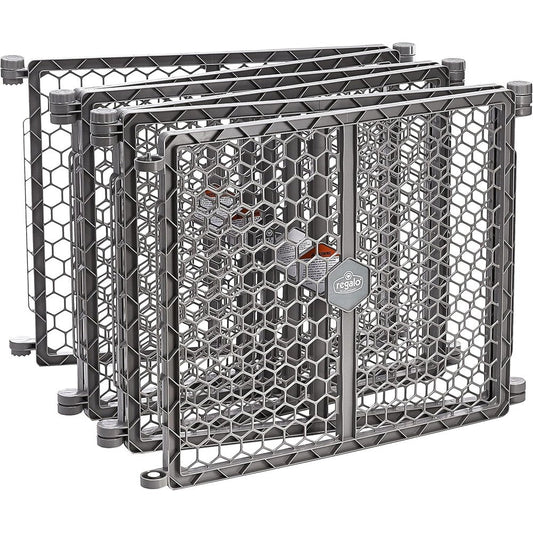 Regalo Safety Super Wide Baby Gate and Play Yard front view configured as an eight panel freestanding plastic playpen in gray.