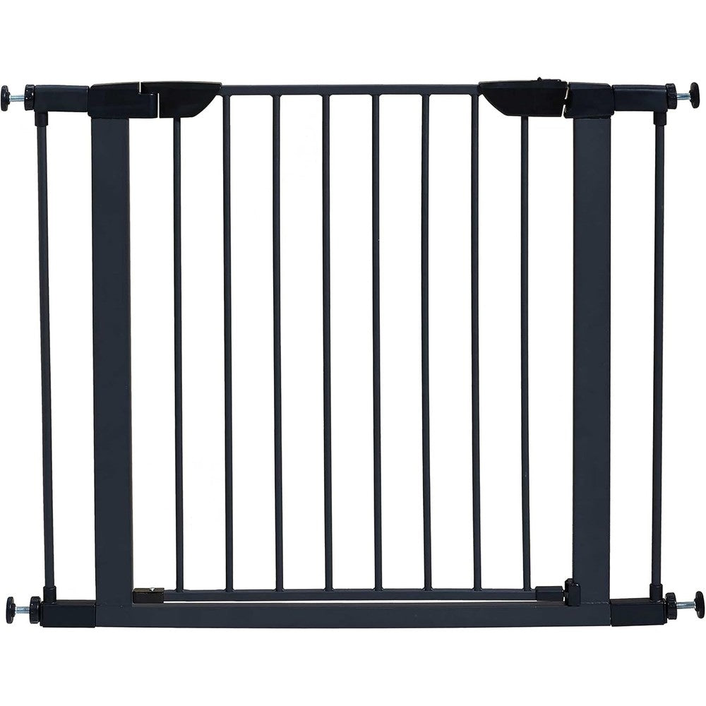MidWest Homes for Pets walk thru steel dog gate front view in textured graphite finish installed in a home doorway.