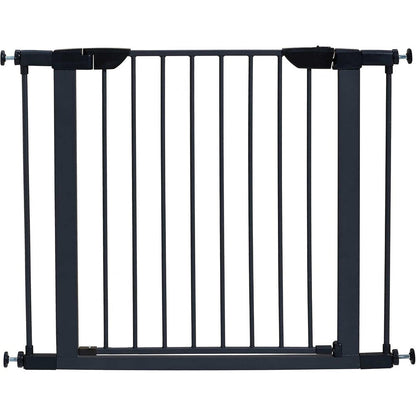 MidWest Homes for Pets walk thru steel dog gate front view in textured graphite finish installed in a home doorway.