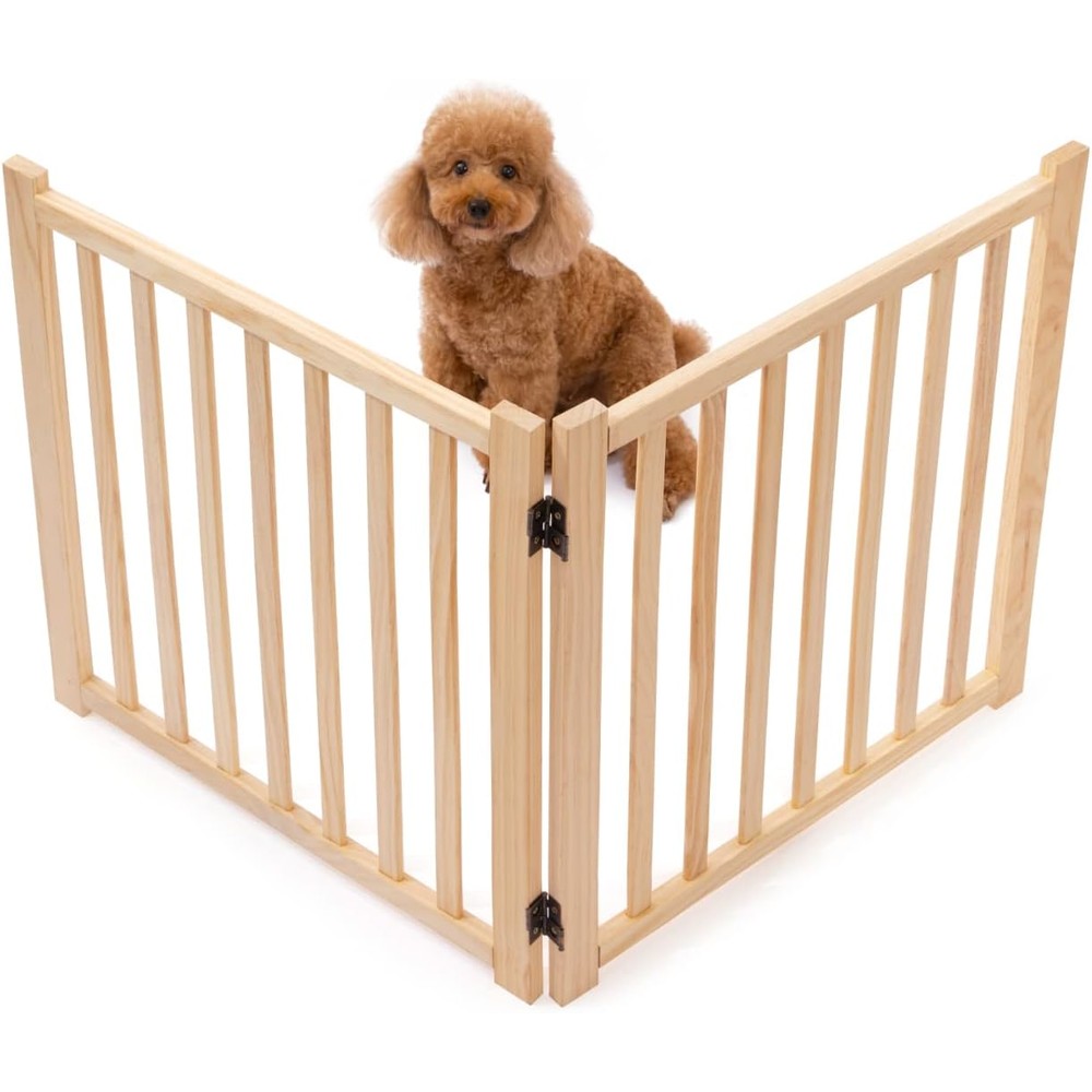 YOCAN wooden freestanding pet gate front view setup in house doorway