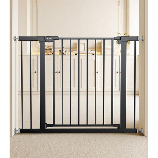 PLZOIT metal baby gate front view installed in hallway doorway