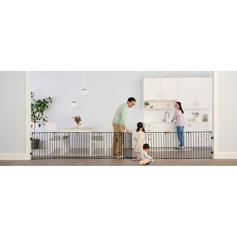 Regalo Super Wide Baby Gate and Play Yard front view configured as a wide safety barrier in a modern living space.