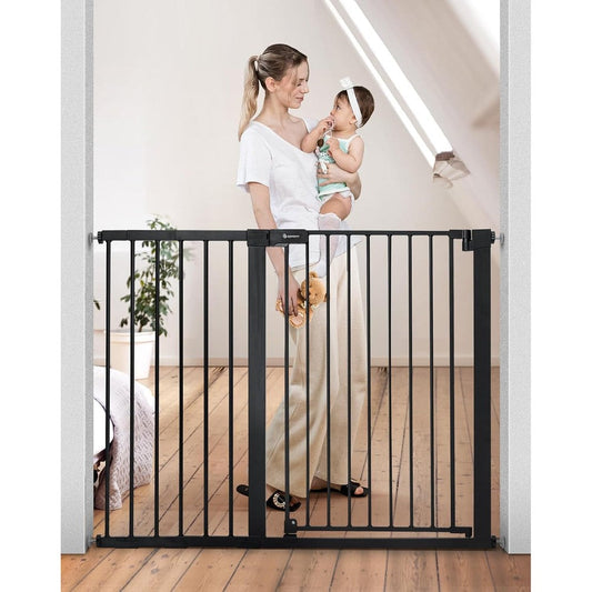 Comomy 36 Inch Extra Tall Baby Gate front view installed in a wide doorway hallway.