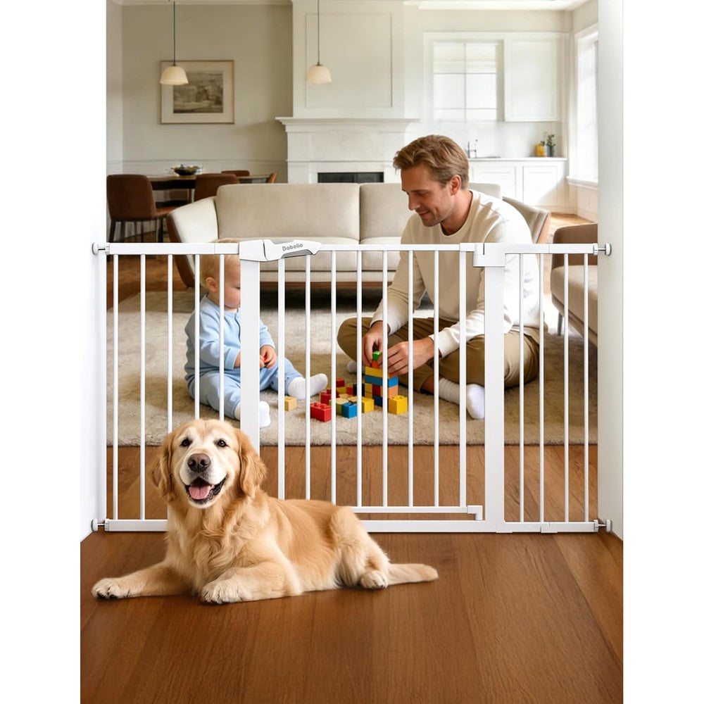 Babelio PressGuard P7 extra wide baby gate front view in a bright white hallway setup.
